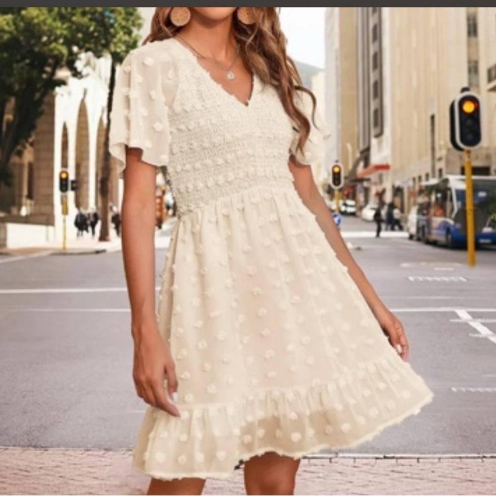 Women’s Baby Doll Dot Dress_Beige /Cream_Small_ Spring Short Sleeve_New_Size 6